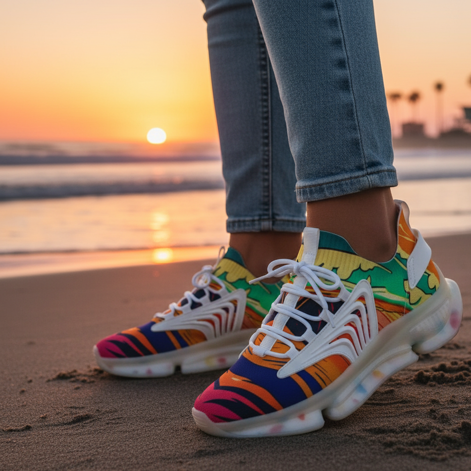 Colorful sneakers on a beach with a sunset in the background