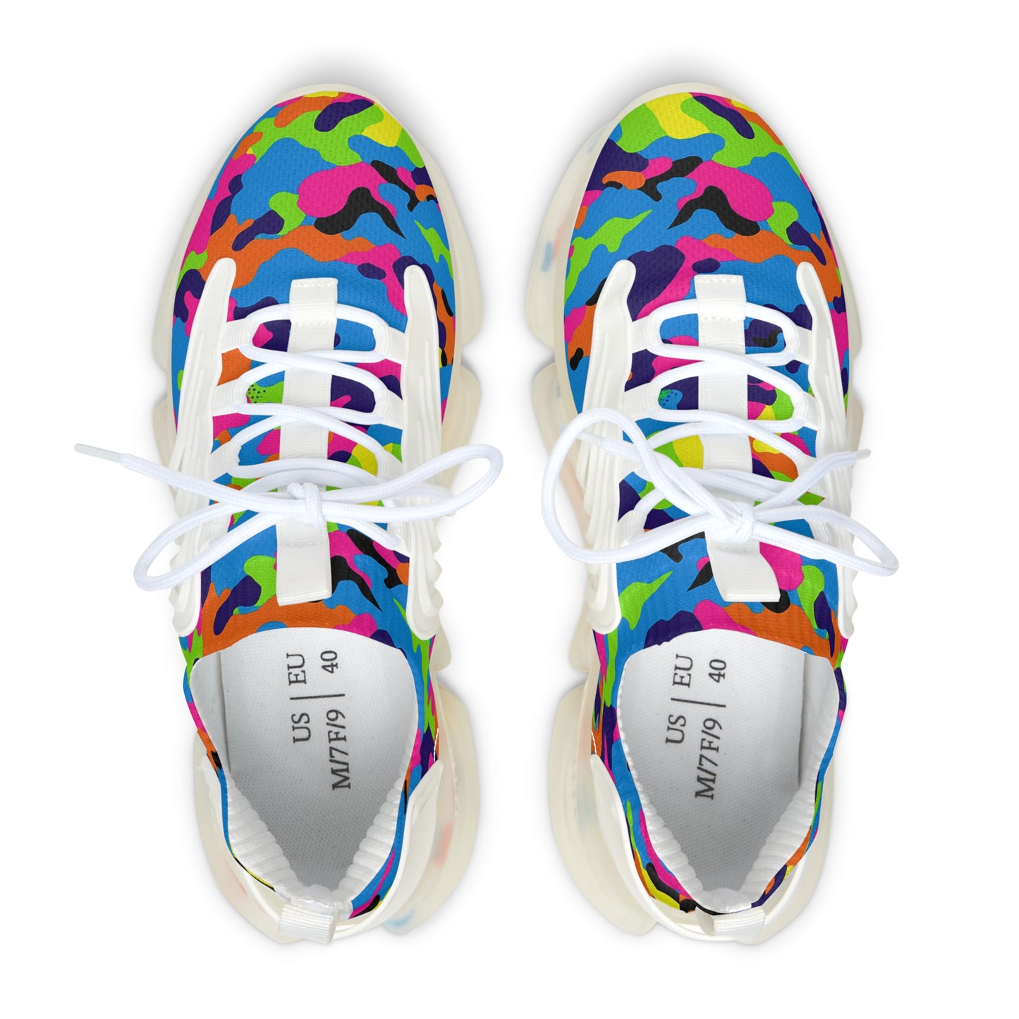 Colorful camouflage-patterned sneakers with white laces on a white background