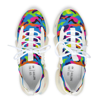 Colorful camouflage-patterned sneakers with white laces on a white background