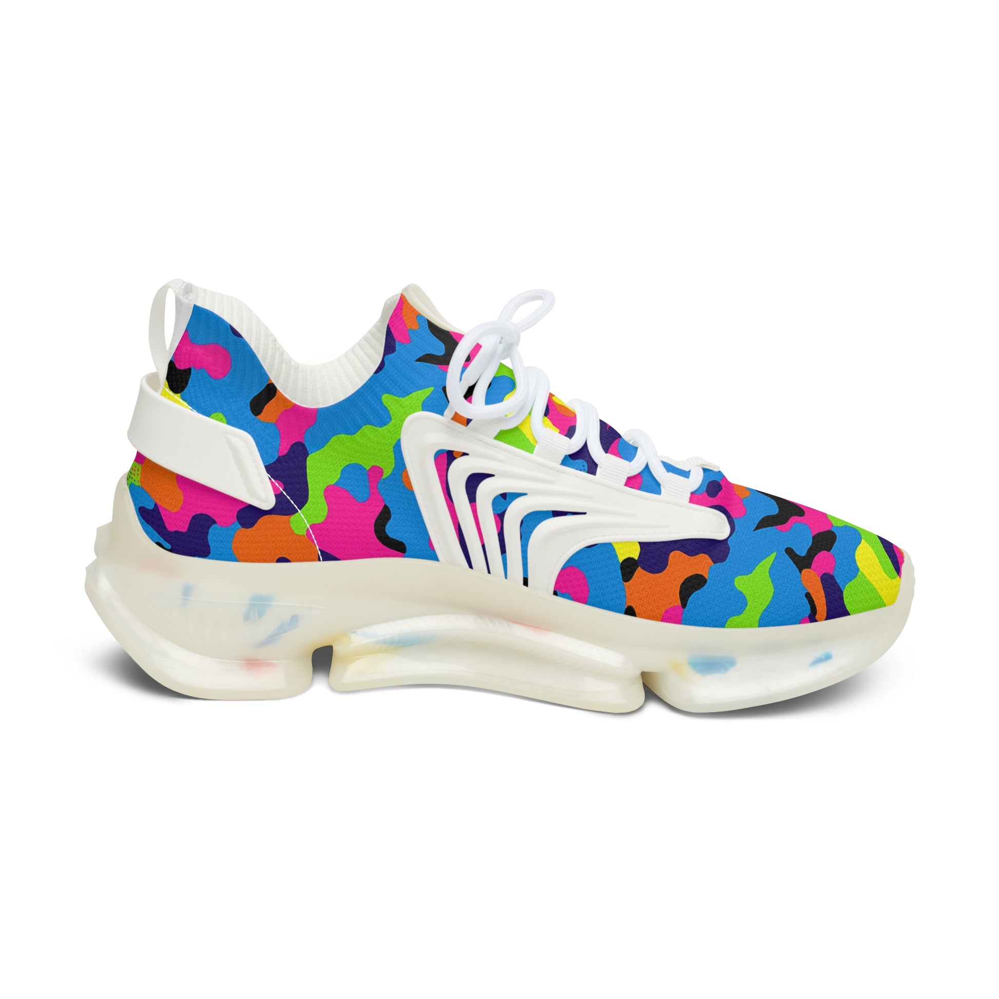 Colorful camouflage sneaker with a multicolor pattern on a white background
