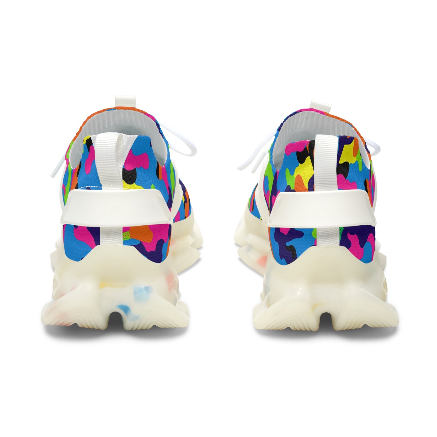 Colorful patterned sneakers with white soles on a white background