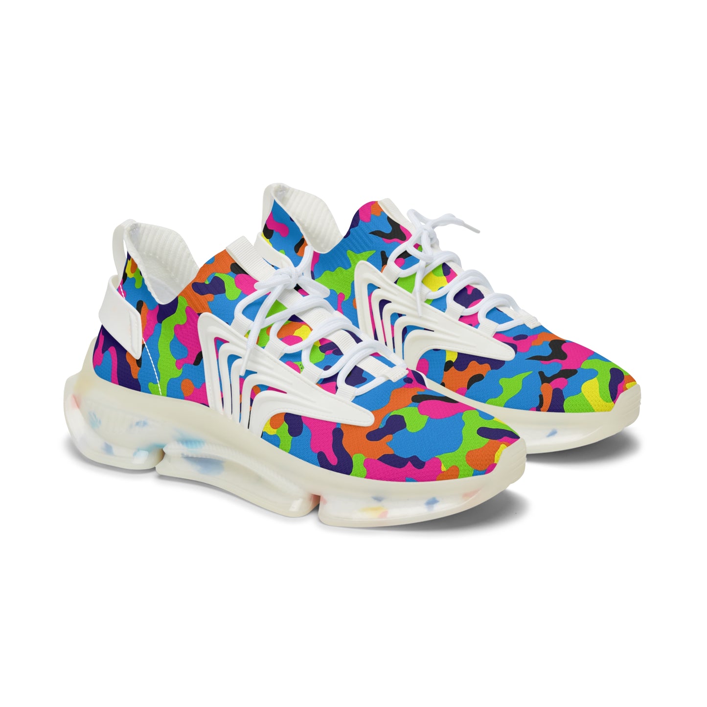 Colorful camouflage-patterned sneakers on a white background