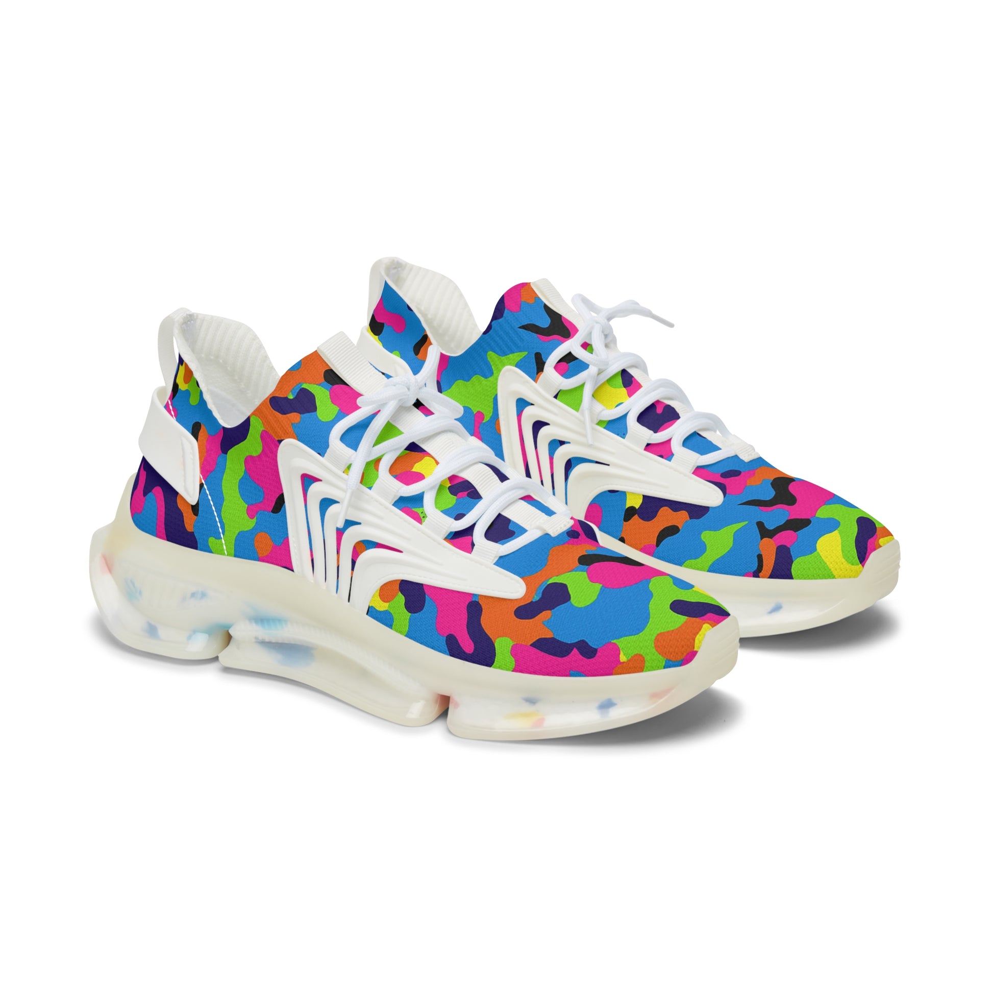 Colorful camouflage-patterned sneakers on a white background