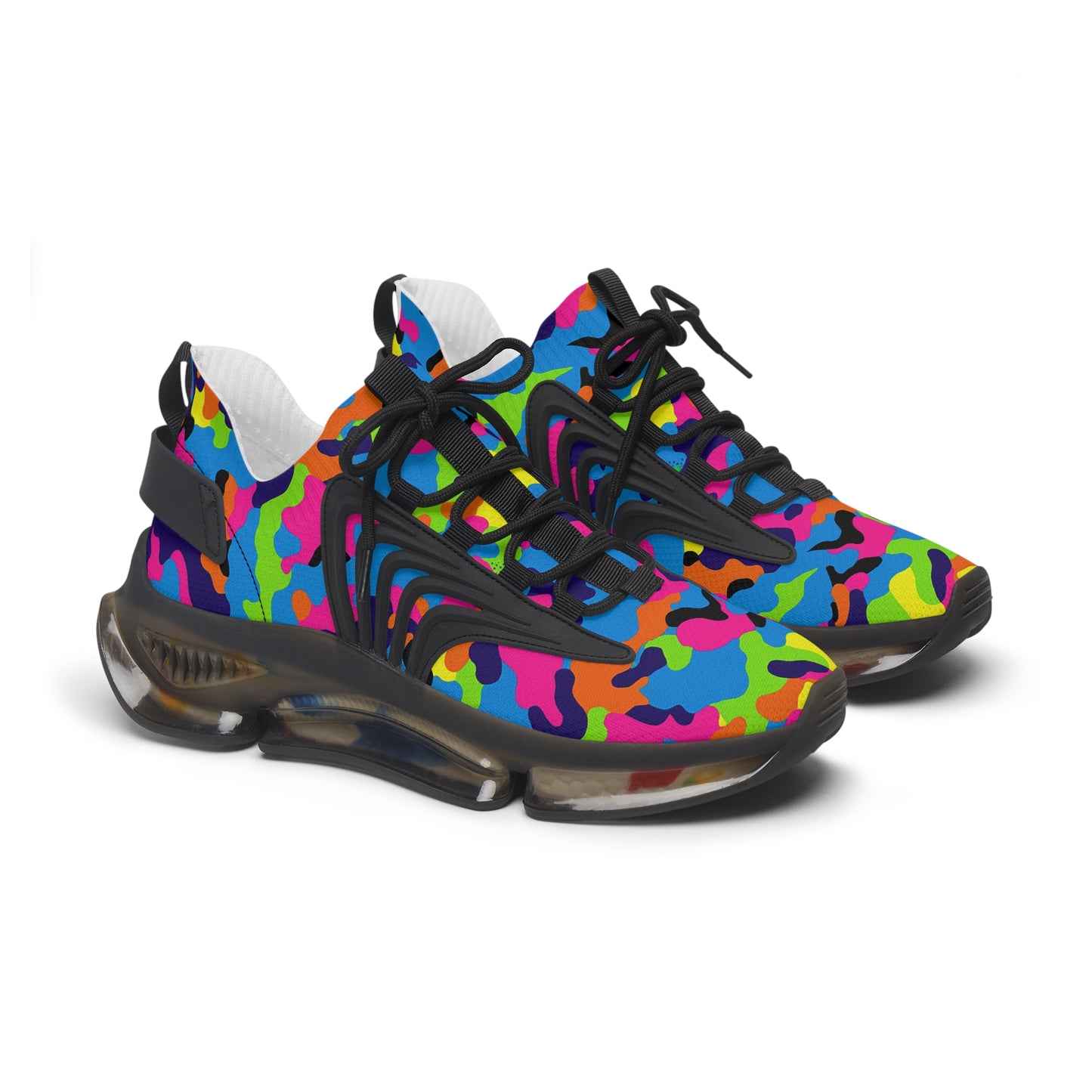 Colorful camouflage sneakers with black accents on a white background