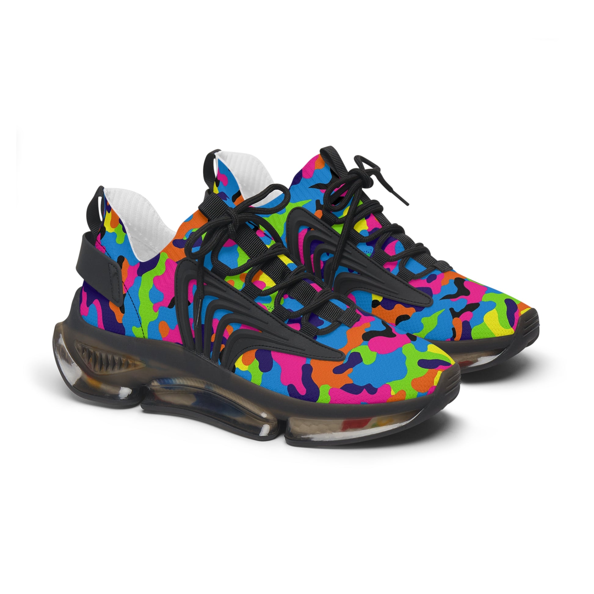 Colorful camouflage sneakers with black accents on a white background