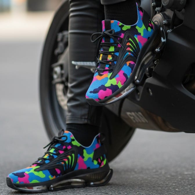 Colorful sneakers with a camouflage pattern worn by a person sitting on a motorcycle.
