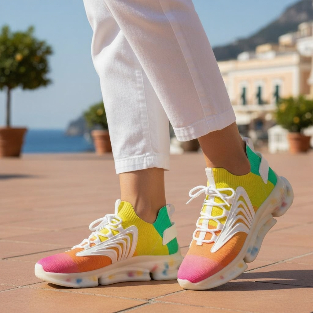 Colorful sneakers worn on a person's feet with a scenic background.