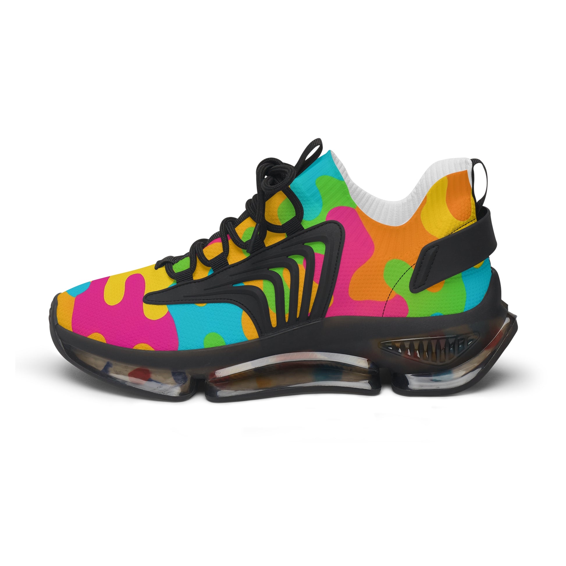 Colorful sneaker with a black sole on a white background