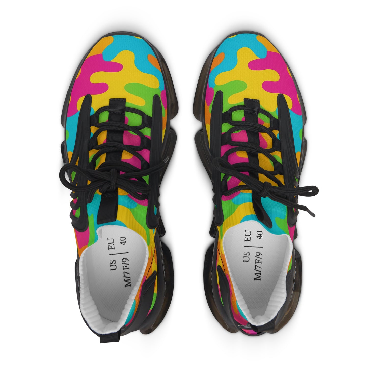 Colorful camouflage-patterned shoes with black laces on a white background