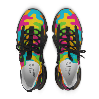 Colorful camouflage-patterned shoes with black laces on a white background