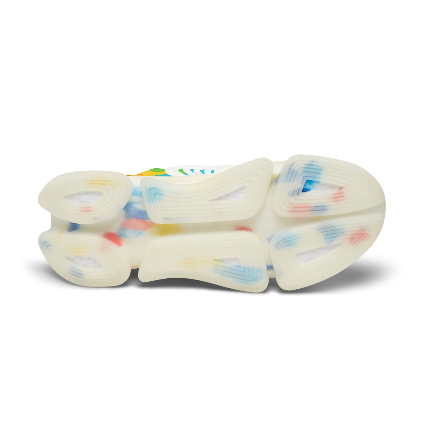 White slippers with colorful patterns on a white background