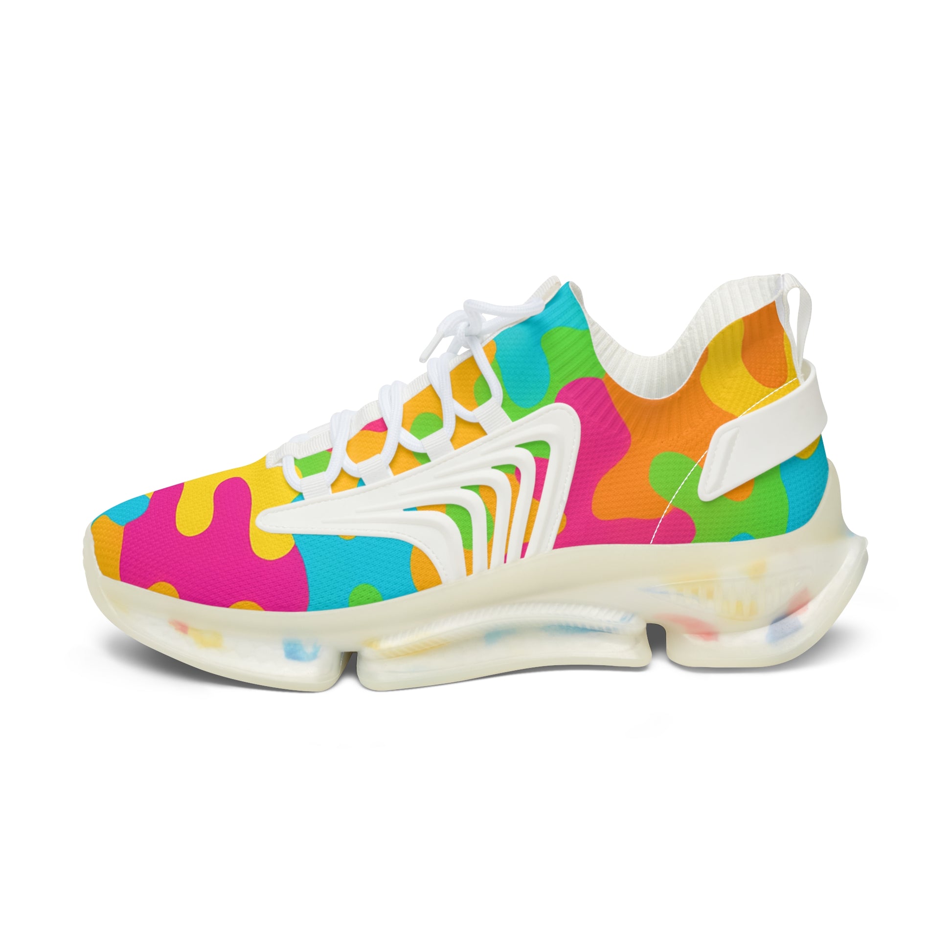 Colorful sneaker with a white brand logo on a white background