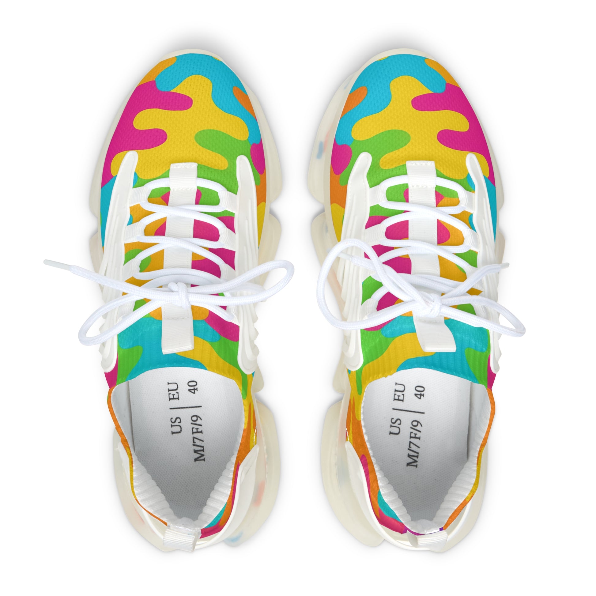 Colorful tie-dye sneakers with white laces on a white background