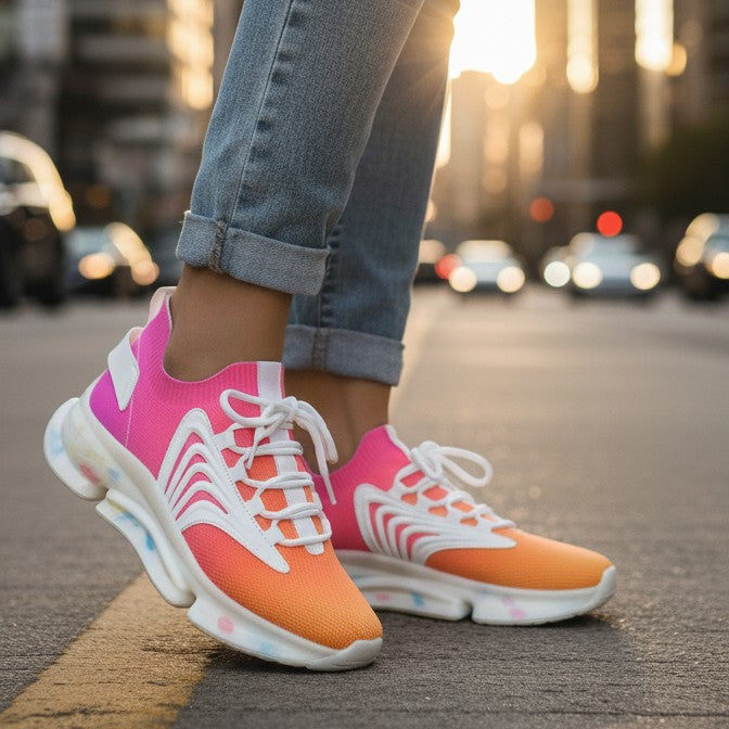 Colorful running shoes on a blurred city street background