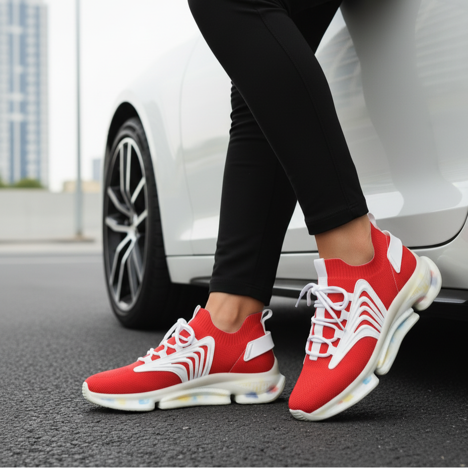 Red sneakers with white accents worn by a person in front of a car.
