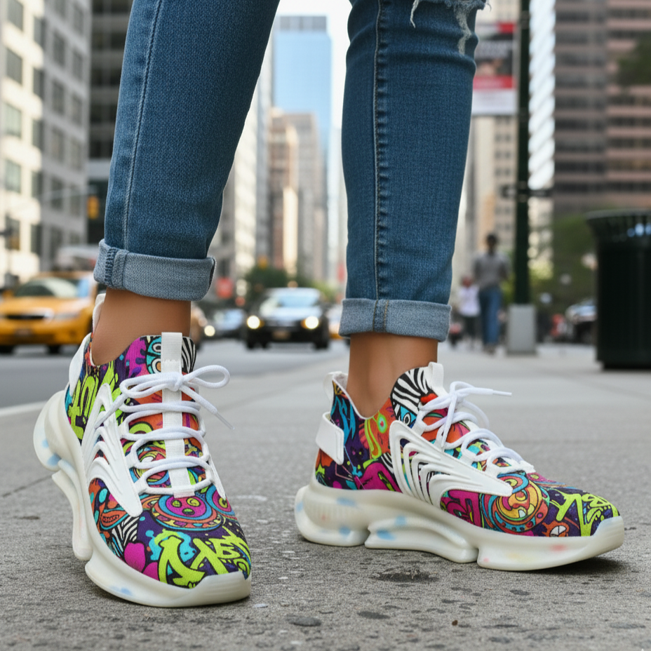 Colorful sneakers with a city street background