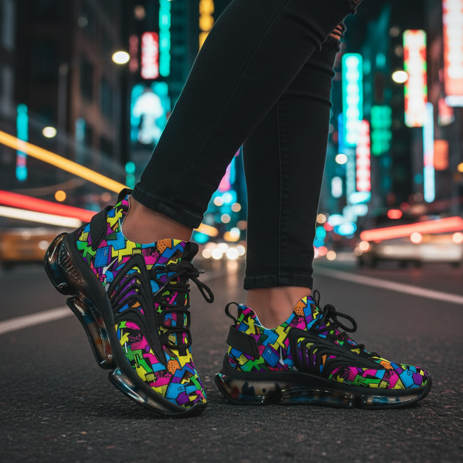 Colorful sneakers on a person walking on a city street at night with neon lights.