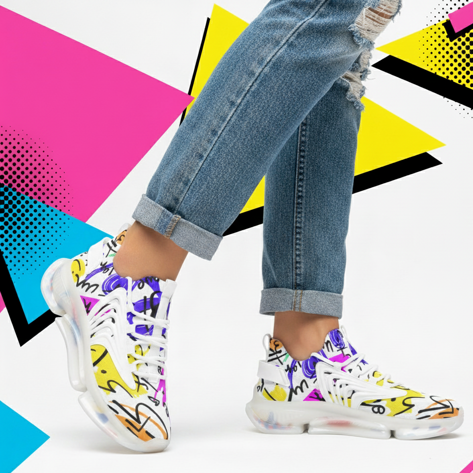 Colorful sneakers with abstract patterns worn with ripped jeans against a geometric background
