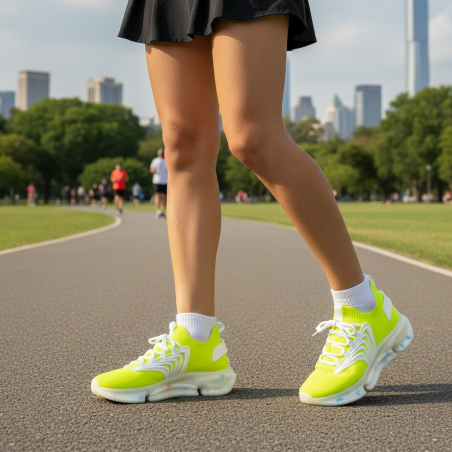 Person wearing bright green running shoes on a path with a city skyline in the background
