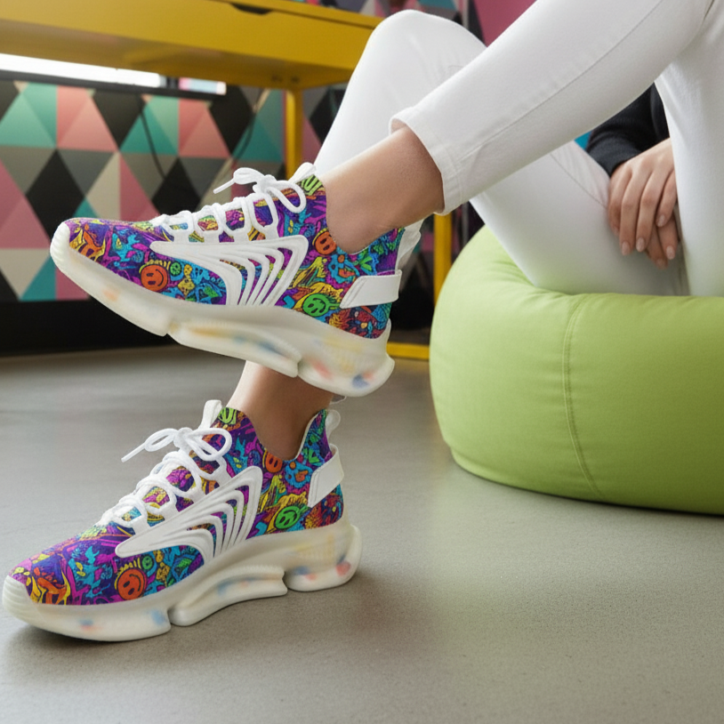 Person wearing colorful sneakers sitting on a green bean bag chair in a vibrant room.