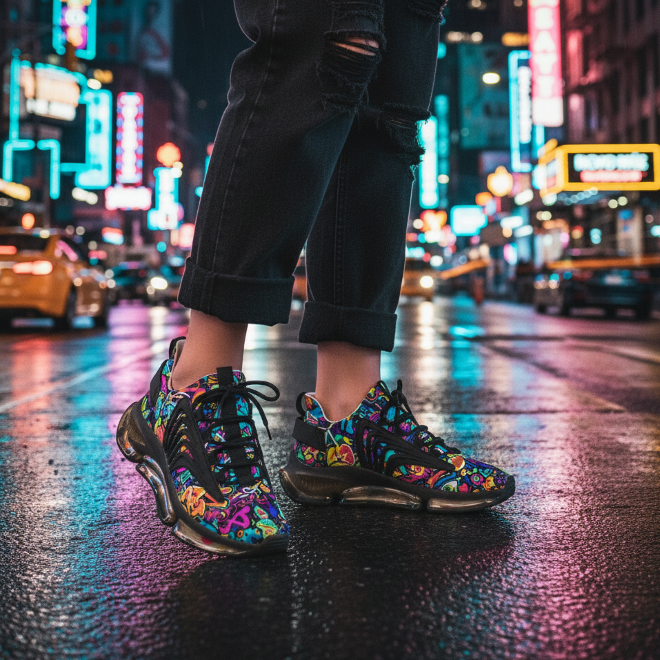 Colorful sneakers on a person standing on a city street at night with neon lights.