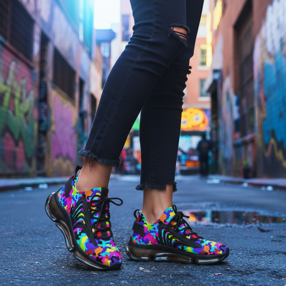 Colorful sneakers worn on a street with graffiti in the background