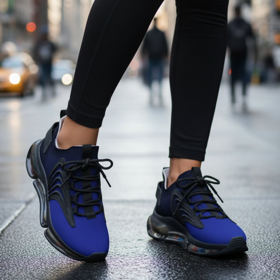 Blue athletic shoes worn on a city street with blurred background