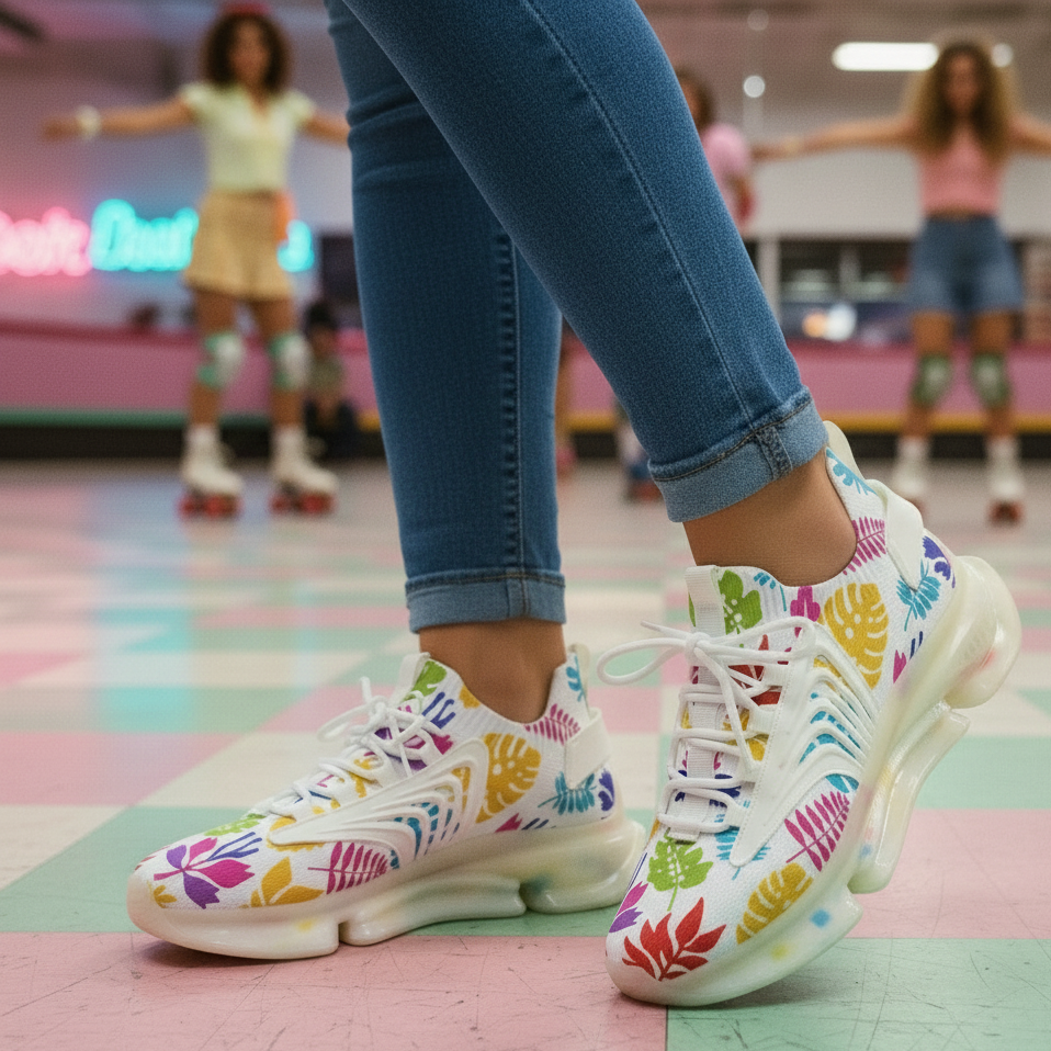 Colorful floral sneakers worn on a roller rink floor with people in the background.