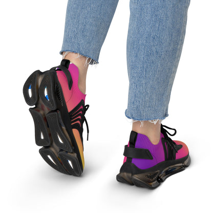 Colorful sneakers worn with blue jeans on a white background