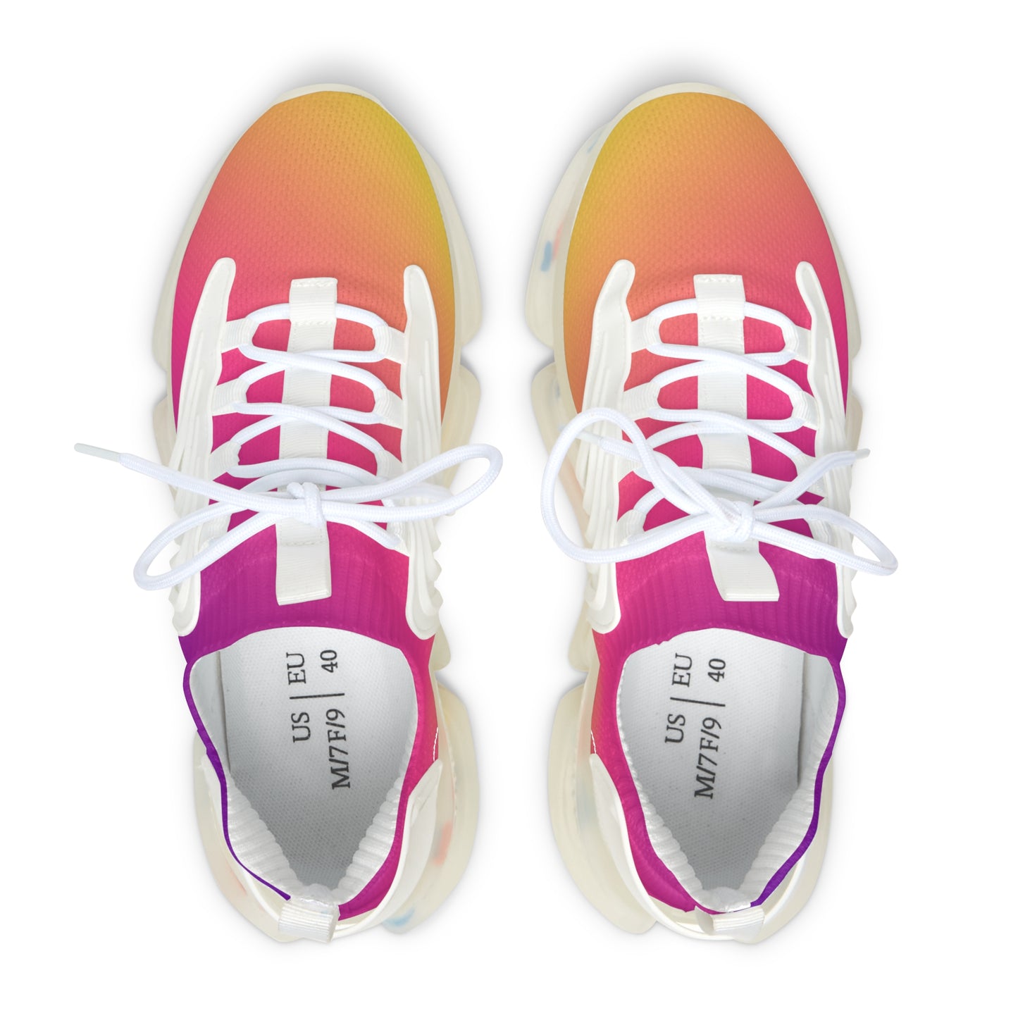 Pair of colorful sneakers with a gradient design on a white background