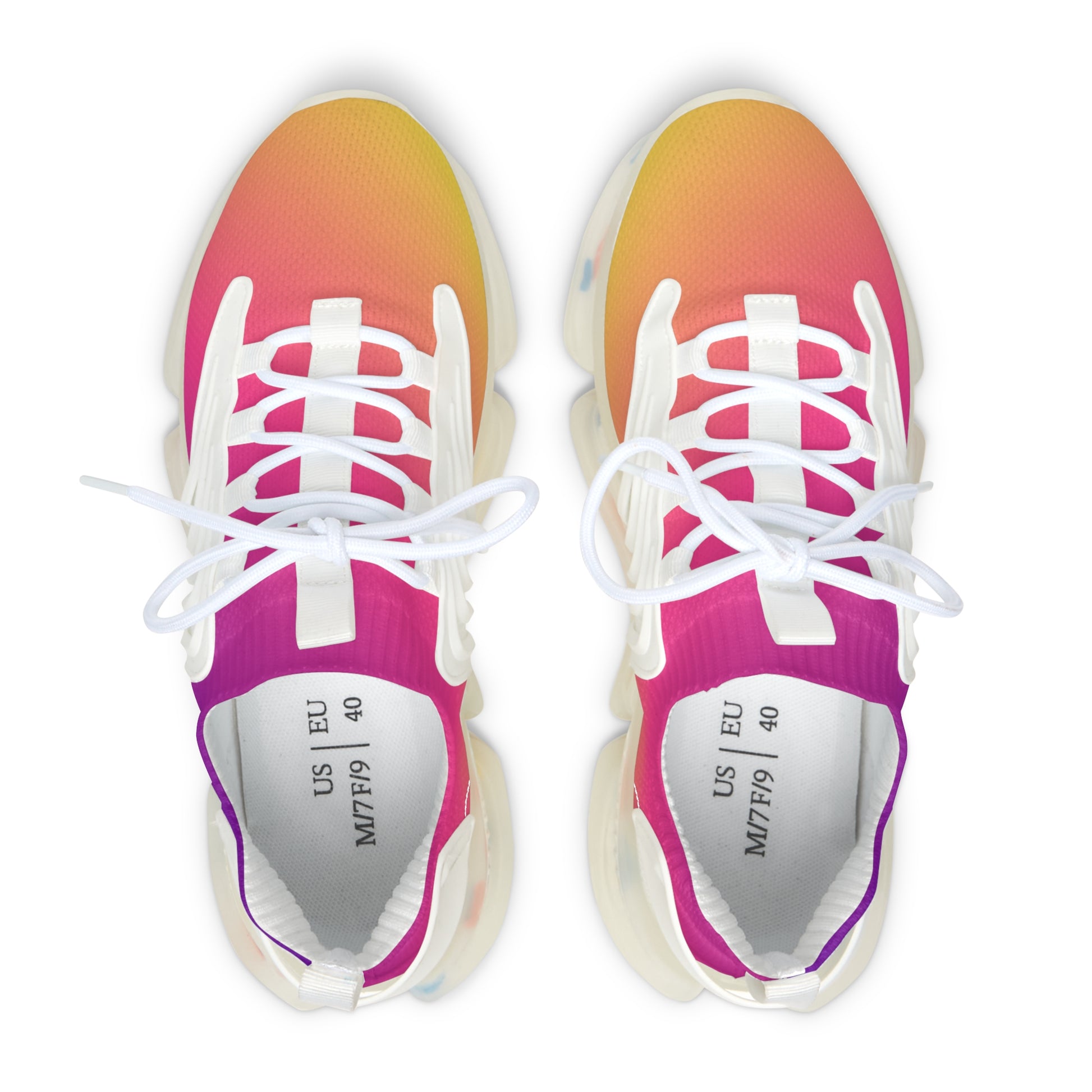 Pair of colorful sneakers with a gradient design on a white background