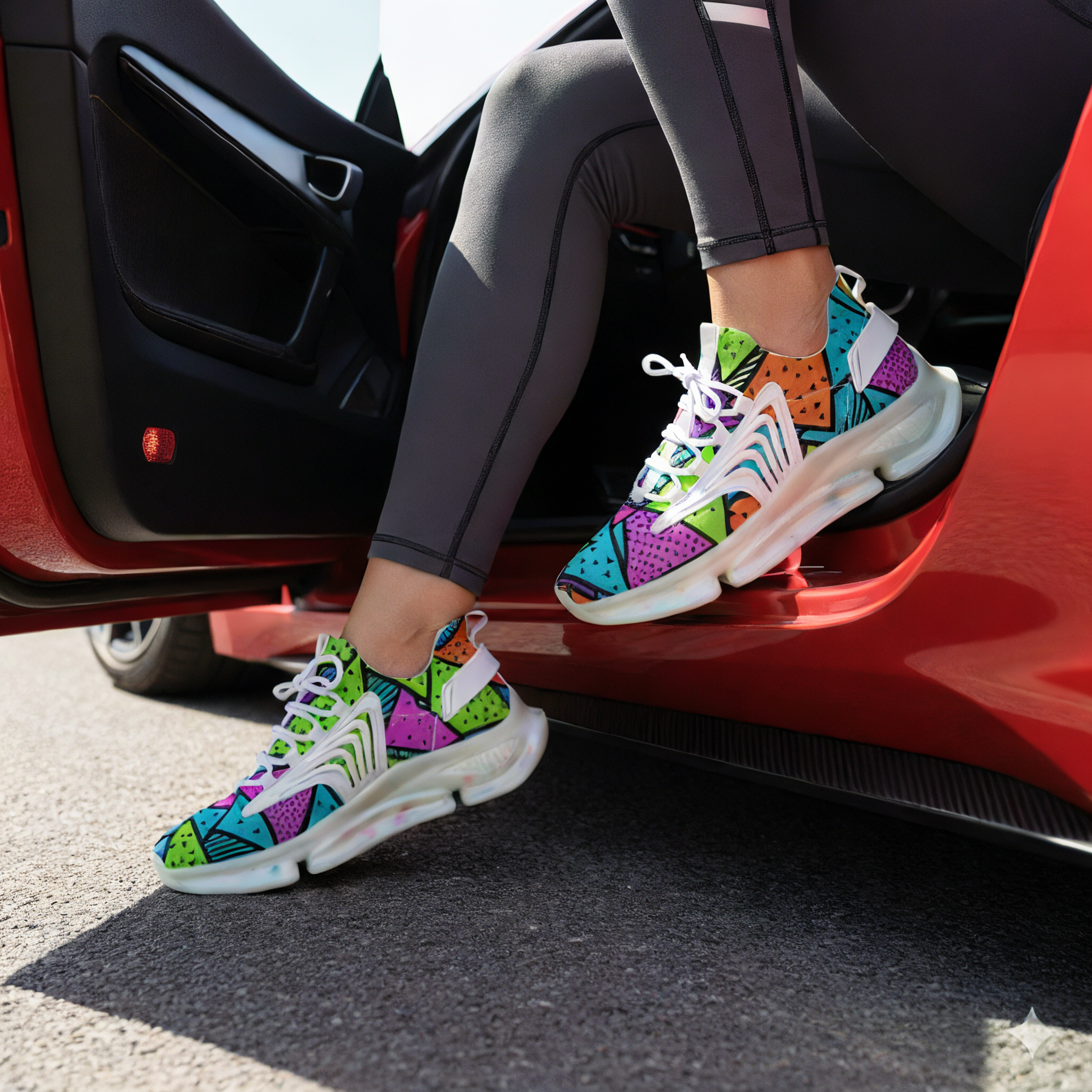 Woman wearing colorful sneakers getting into a red car