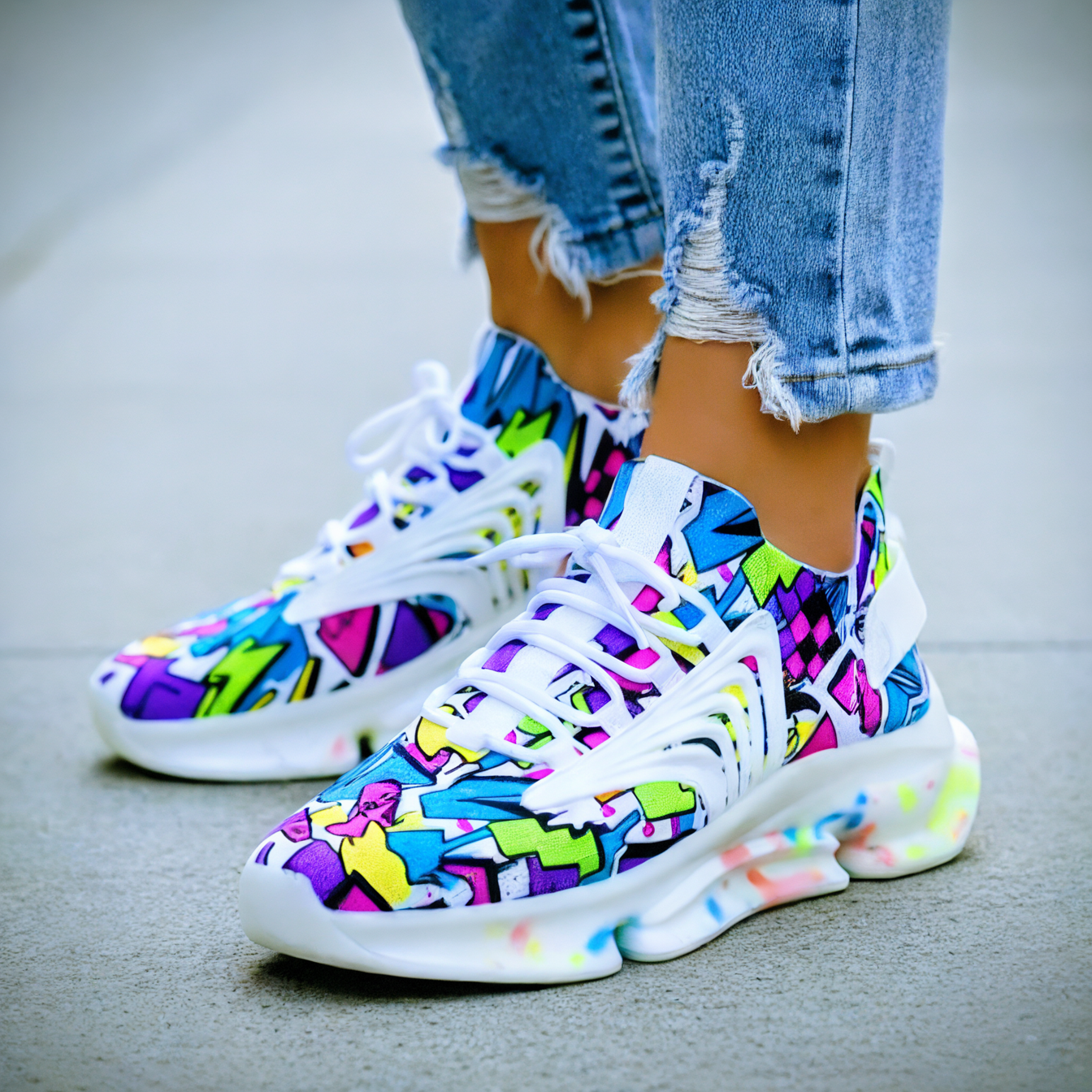 image of vibrant and colorful sneakers with close up shot on the street