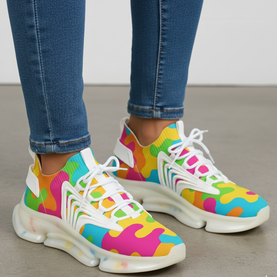 Colorful patterned sneakers worn with blue jeans on a neutral background