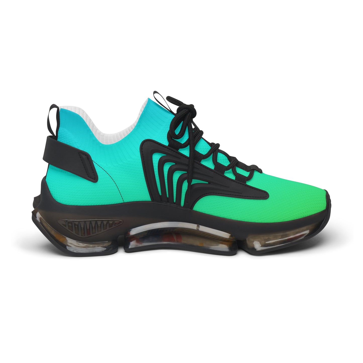 Turquoise and green sneaker with black accents on a white background