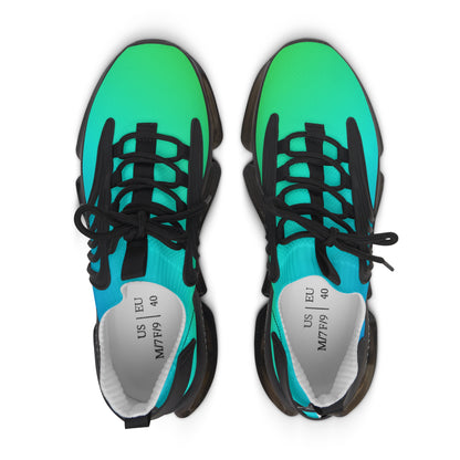 Green and blue sneakers with black laces on a white background