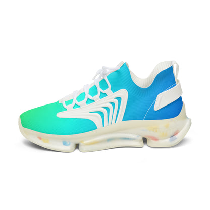 Blue and green sneaker with white accents on a white background