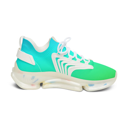 Turquoise and green sneaker with a white sole on a white background