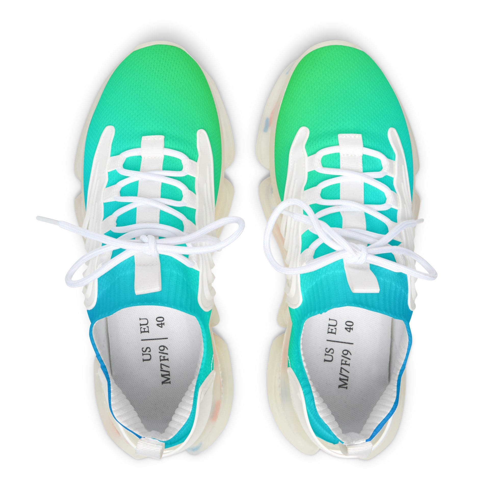 Green and white sneakers with visible brand name on a white background