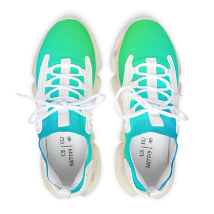 Green and white sneakers with visible brand name on a white background