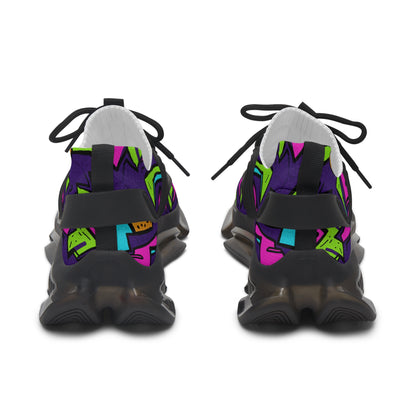 Black sneakers with colorful geometric pattern on a white background