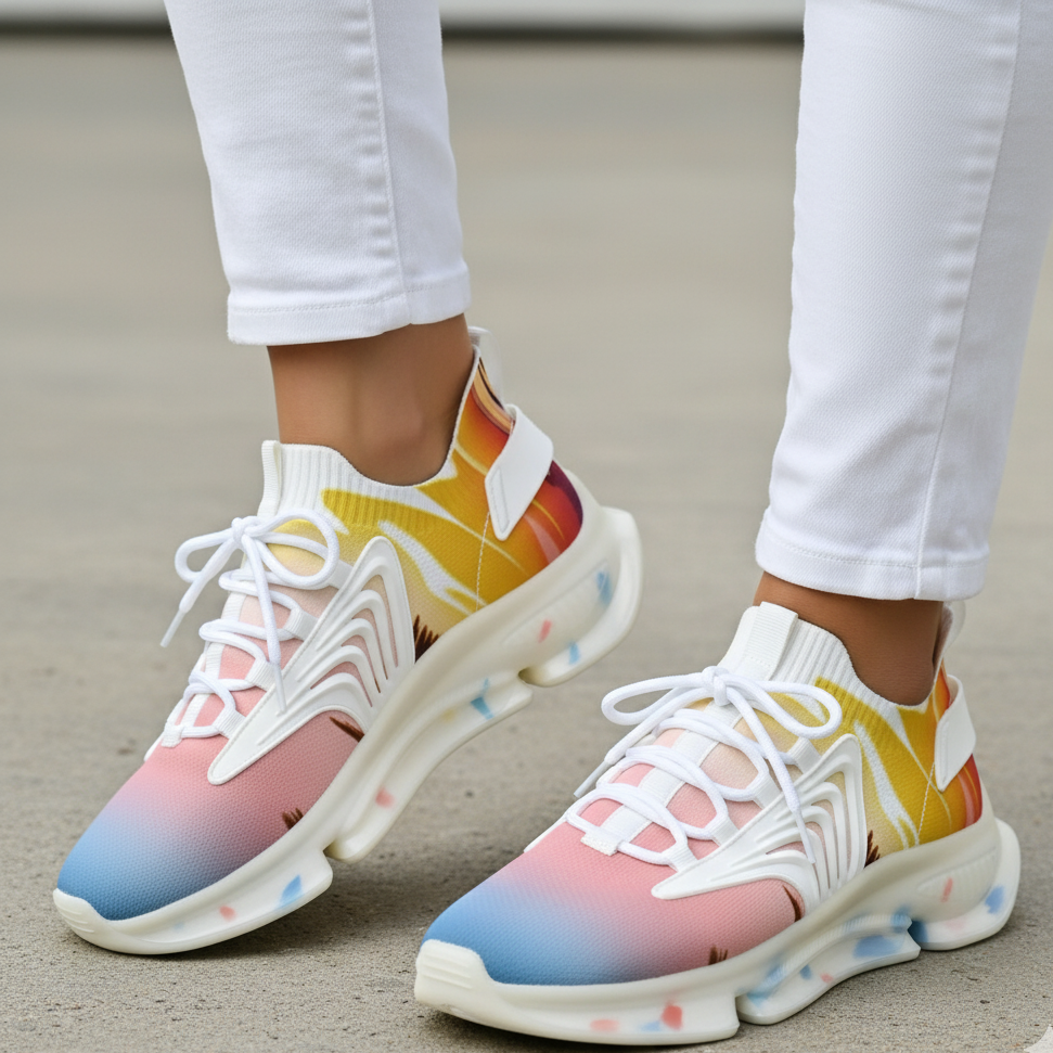 Colorful sneakers with a gradient design worn by a person in white pants.