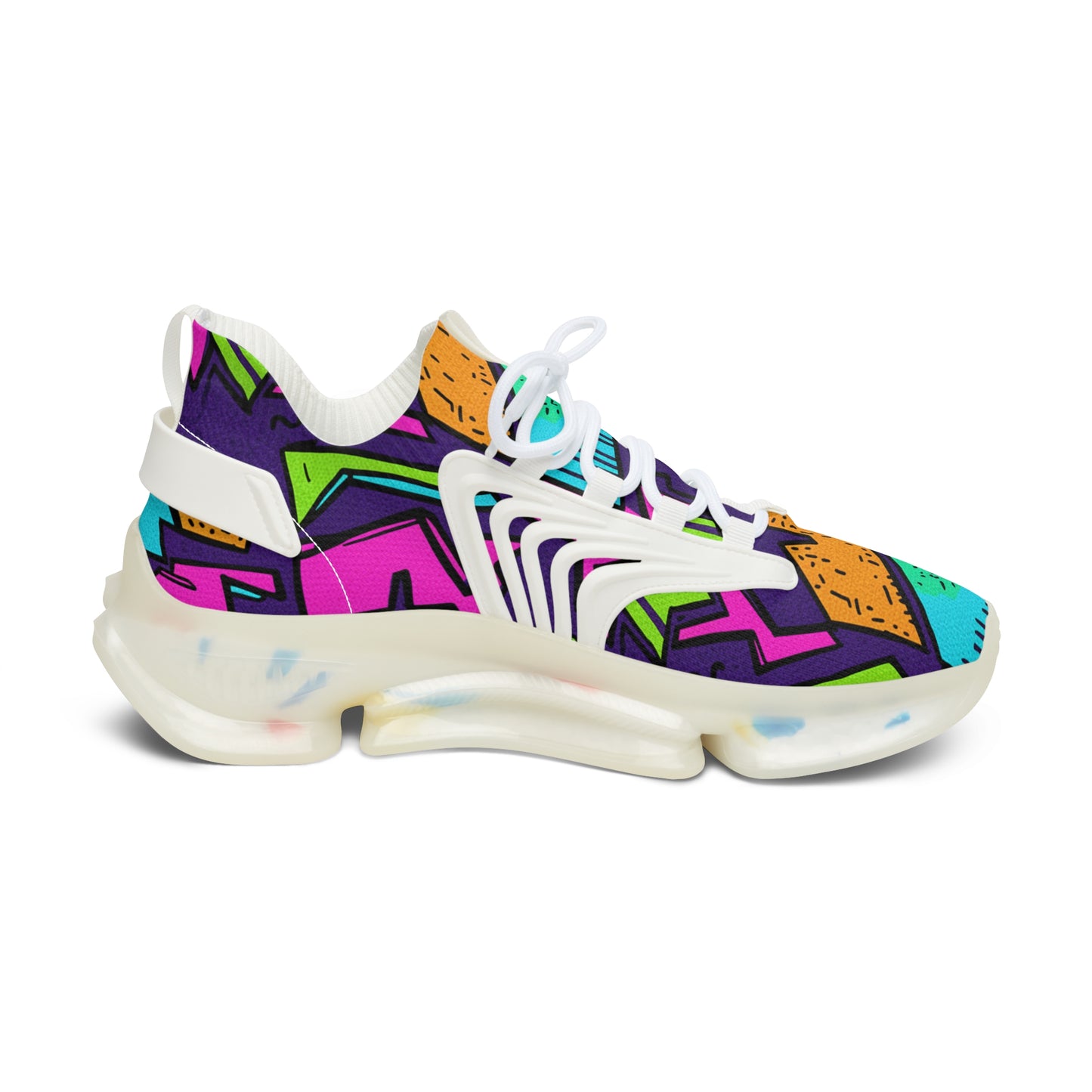 Colorful sneaker with geometric pattern on a white background