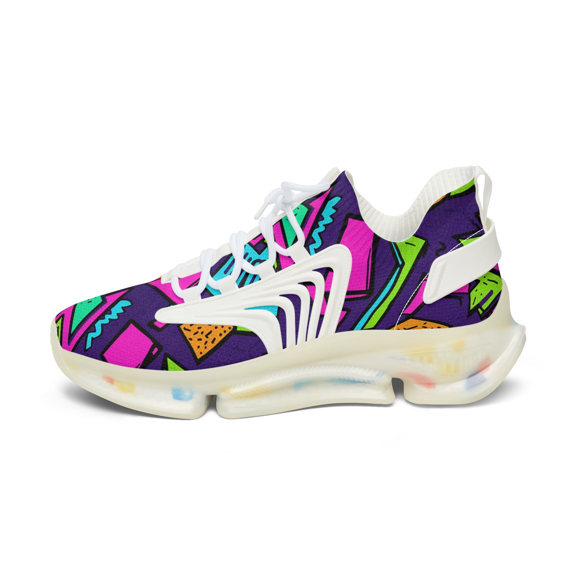 Colorful sneaker with geometric pattern on a white background