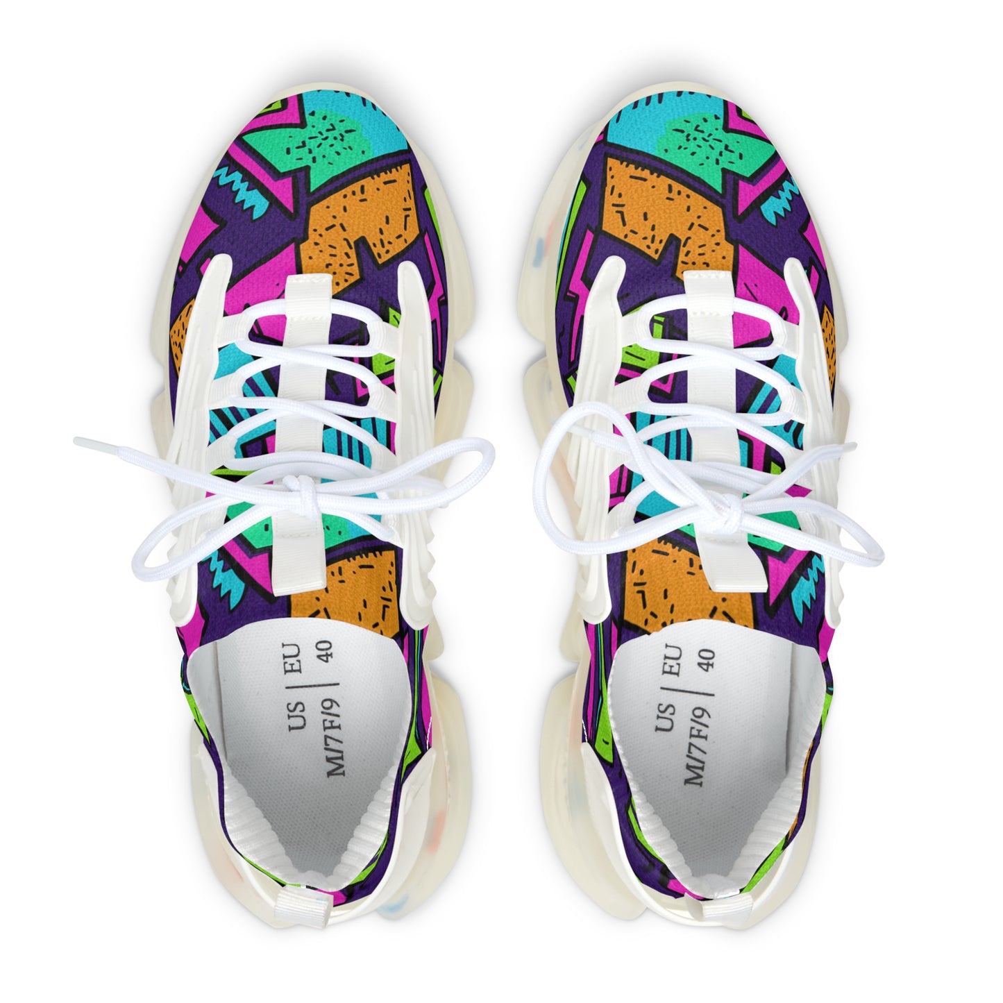 Colorful patterned sneakers with white laces on a white background