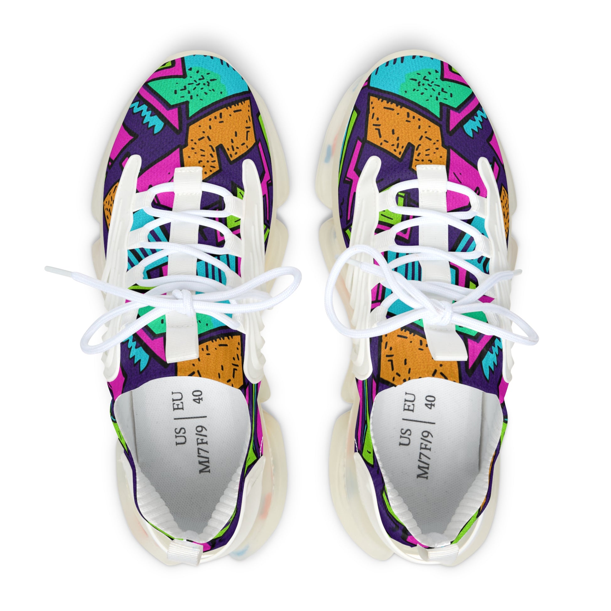Colorful patterned sneakers with white laces on a white background