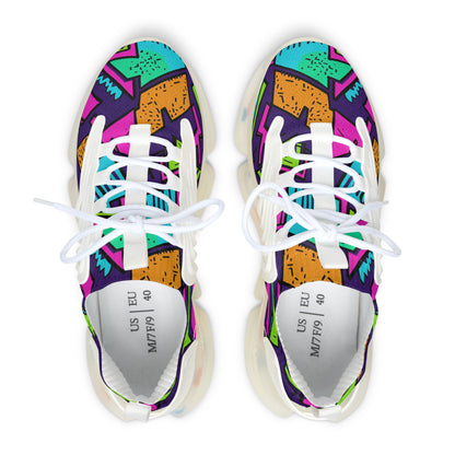Colorful patterned sneakers with white laces on a white background