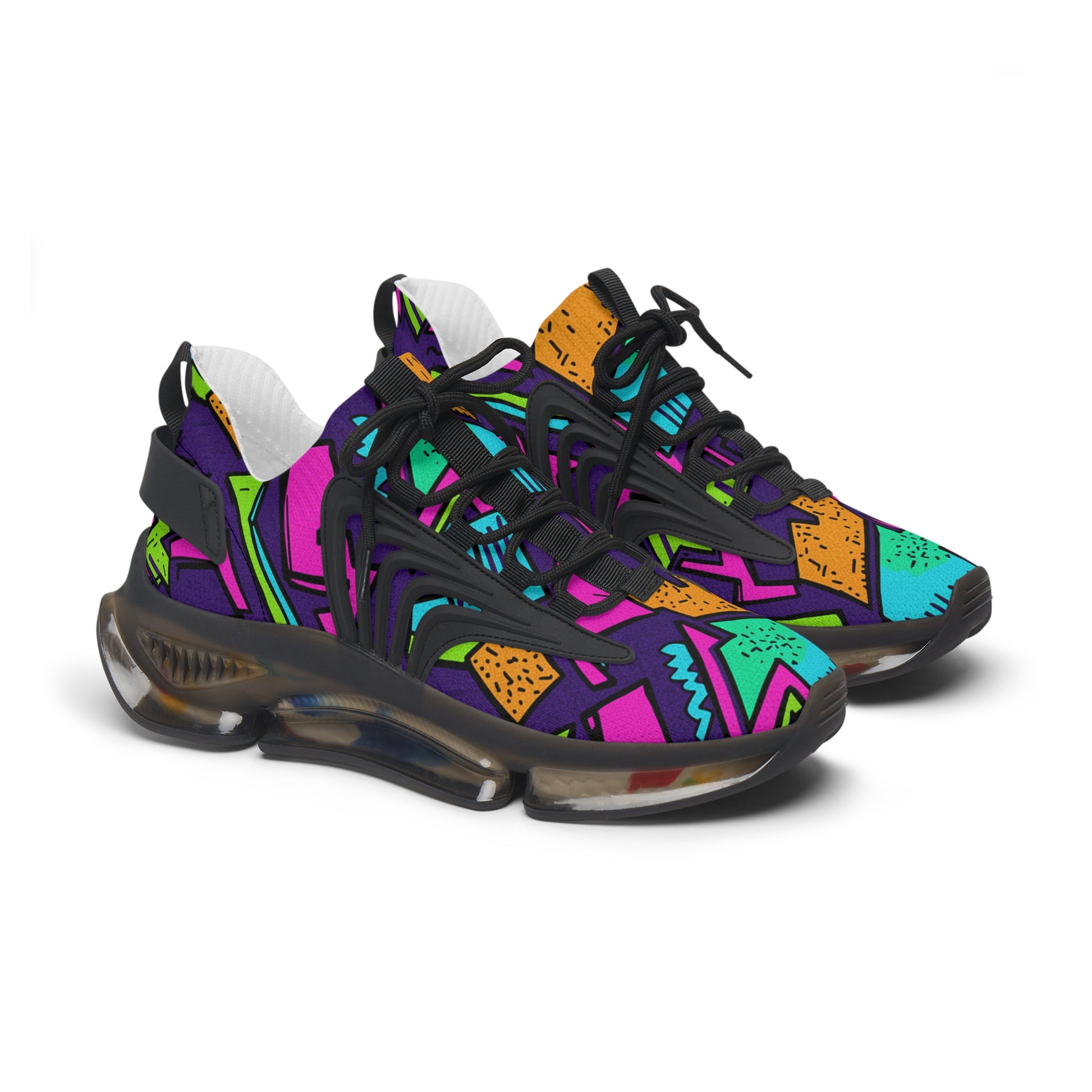 Colorful sneakers with geometric pattern on a white background