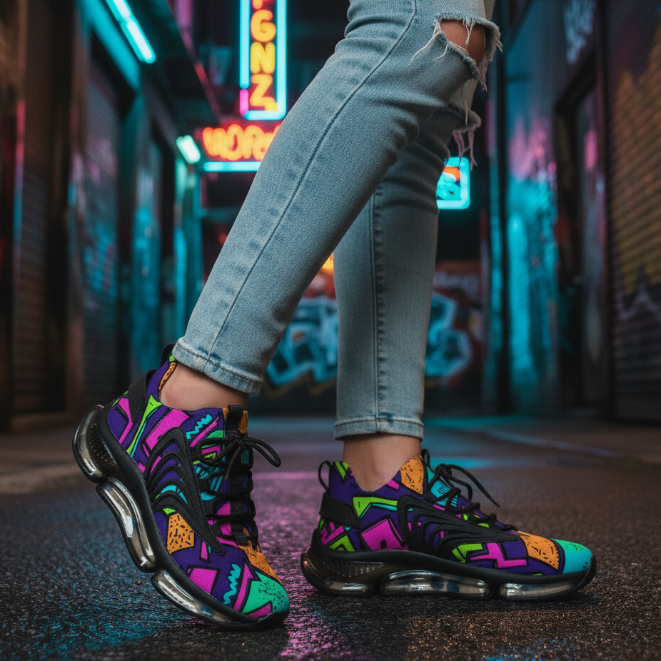 Colorful sneakers worn on a neon-lit street