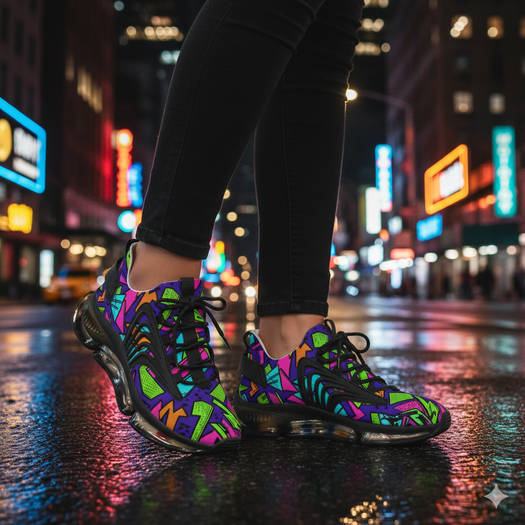 Colorful sneakers on a person standing on a city street at night with neon lights.